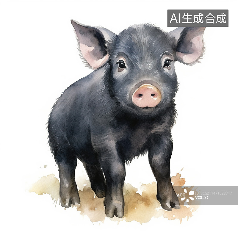 【AI数字艺术】可爱的黑猪水彩插画图片素材