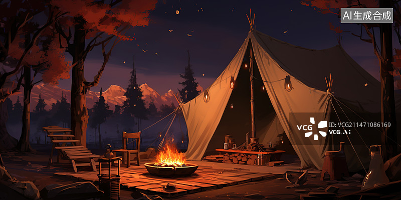 【AI数字艺术】晚上坐在篝火旁的人的后视图图片素材