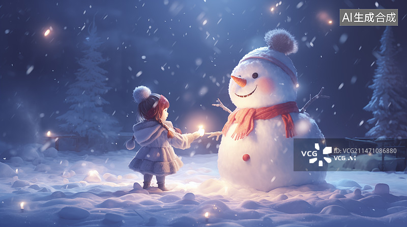 【AI数字艺术】一个孩子在夜晚的雪人面前点着灯图片素材