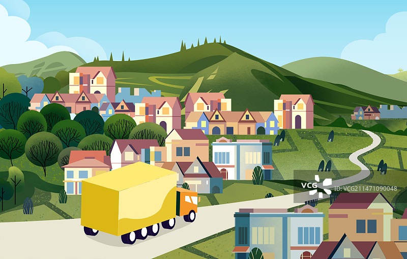 插画扁平风日景绿色山中建筑道路与黄色火车图片素材