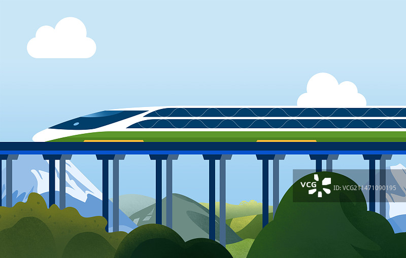 插画扁平科技风日景高铁及轨道山丘图片素材
