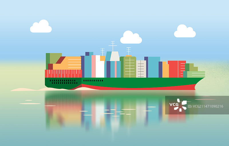 插画扁平科技风日景水面货运船图片素材
