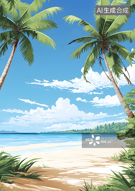 【AI数字艺术】AIGC:棕榈树草地蓝天 海滩 背景 插画图片素材