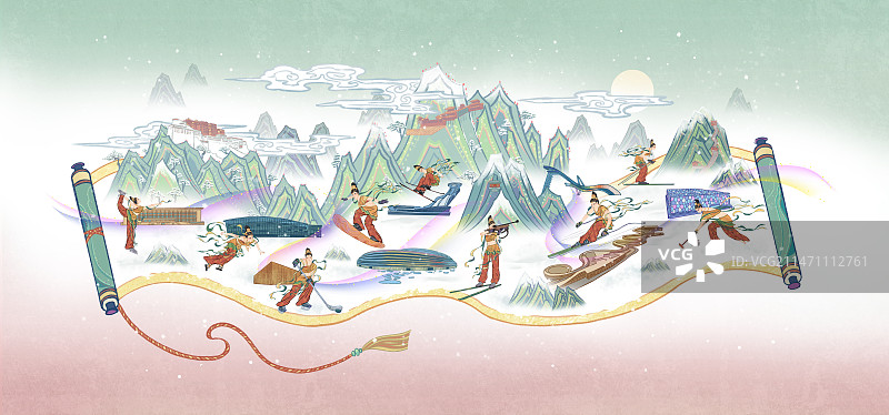 东奥主题运动会体育赛事奥运会古风敦煌画卷图片素材