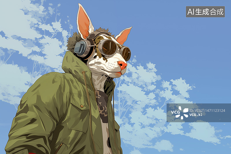 【AI数字艺术】戴着墨镜的狗站在蓝天下图片素材