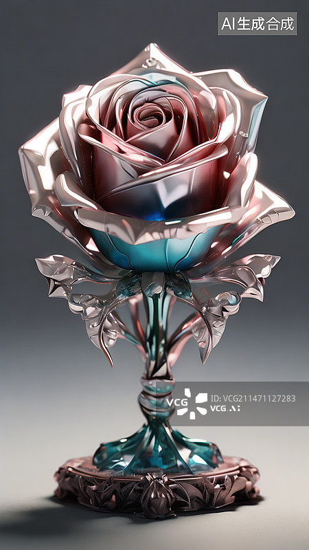 【AI数字艺术】水晶金属玫瑰花奖杯图片素材