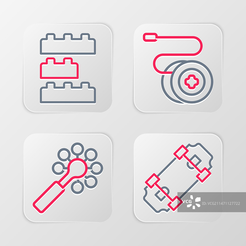 滑板、拨浪鼓、婴儿玩具和溜溜球线条集合图片素材