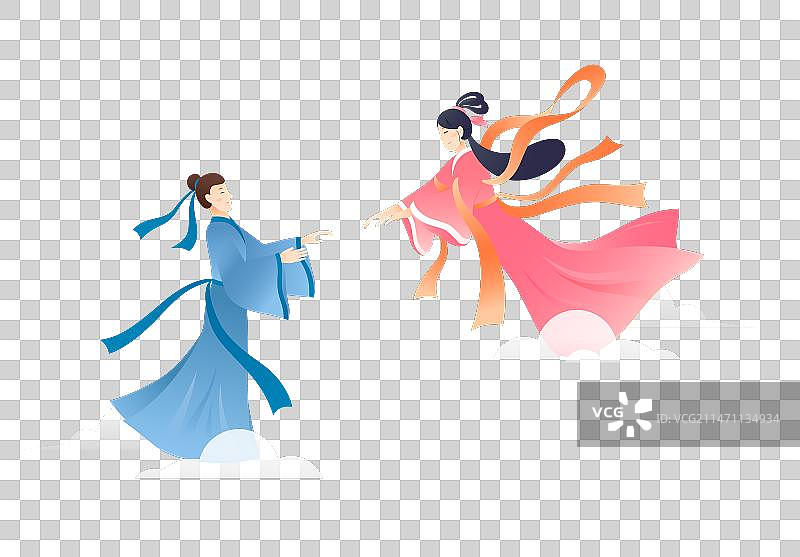 七夕节牛郎织女约会插画元素图片素材