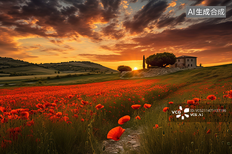 【AI数字艺术】夕阳下的罂粟田夜景图片素材