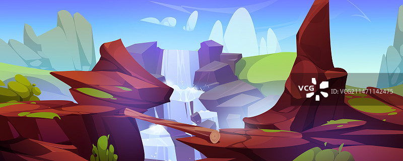 山间瀑布上的木桥图片素材