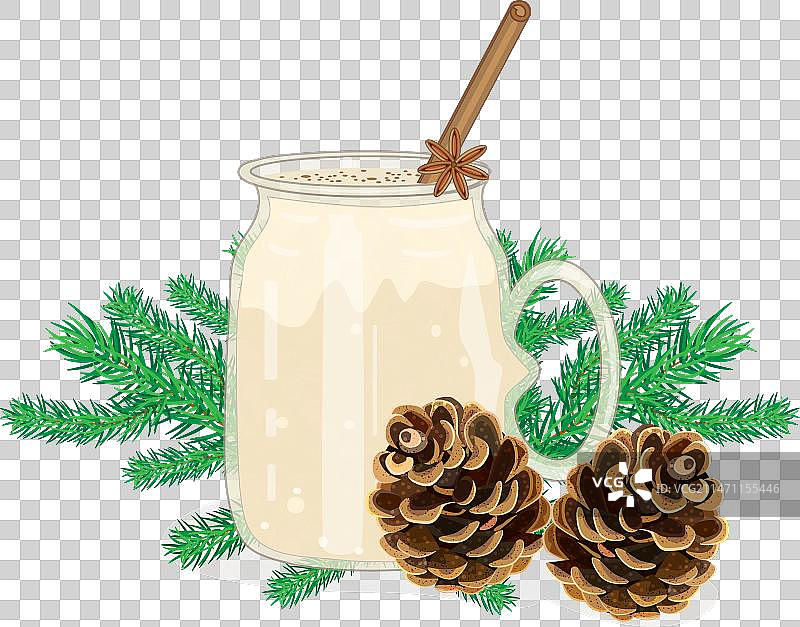 白色背景上的蛋奶酒冷杉锥和树枝图片素材