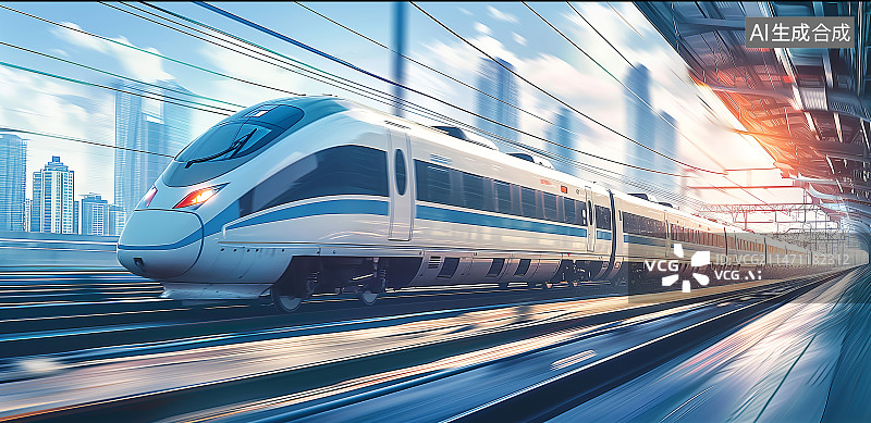 【AI数字艺术】高速列车在铁轨上高速行驶，背景是城市天际线图片素材
