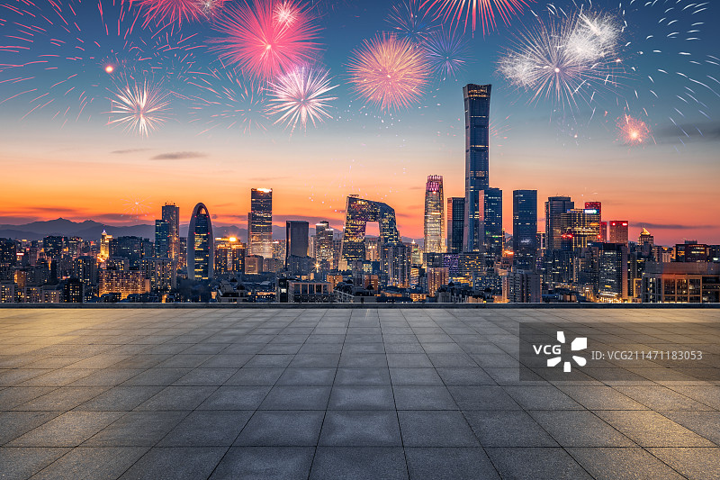 北京国贸CBD烟花表演，北京城市夜景，北京商业区，城市大数据互联网概念科技背景图图片素材