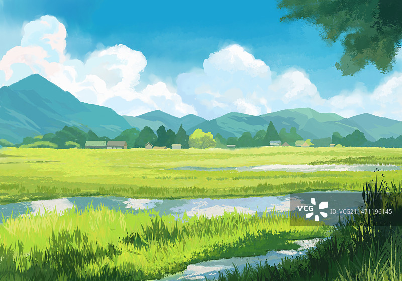 清新自然治愈画册插画壁纸背景海报杂志小说封面内页蓝天白云草地小溪田地图片素材