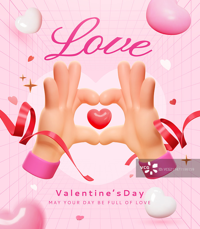 三维情人节爱心手势透视网格海报图片素材