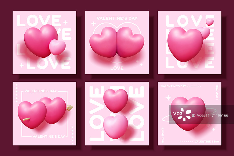 三维情人节爱心方形卡片模板集合图片素材