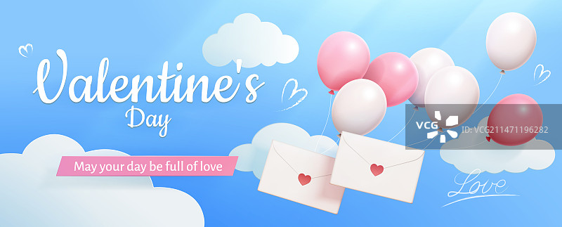 天空背景上的气球情书 情人节插图图片素材