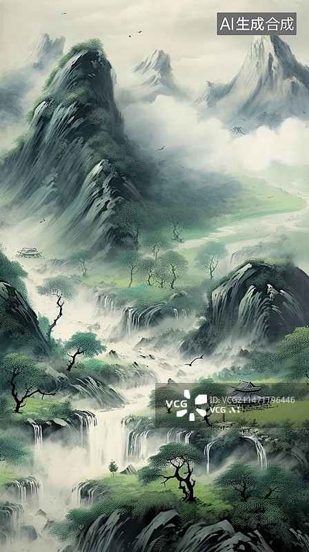【AI数字艺术】中国水墨山水图片素材