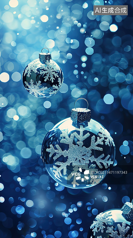 【AI数字艺术】蓝色背景下悬挂的圣诞饰品特写镜头图片素材