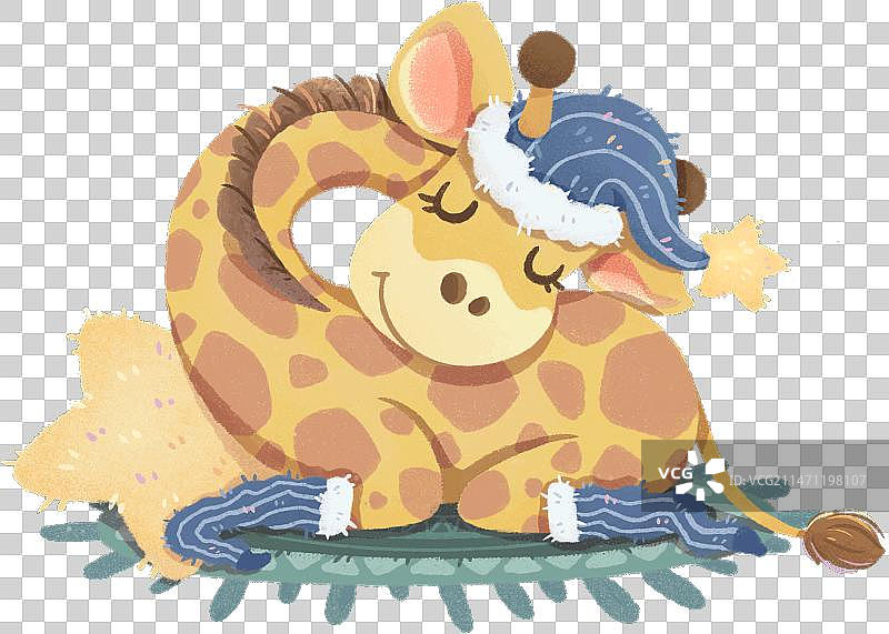可爱长颈鹿穿睡衣在地毯上睡觉扁平风卡通手绘免抠元素图片素材