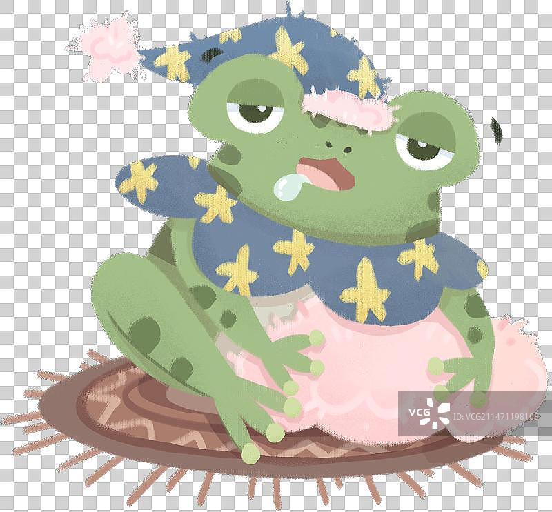 可爱小青蛙穿睡衣在地毯上打瞌睡扁平风卡通手绘免抠元素图片素材