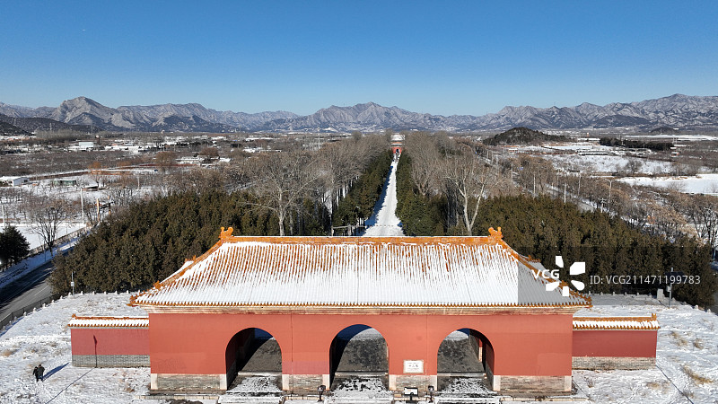 北京明十三陵神路大宫门冬天雪景航拍图片素材