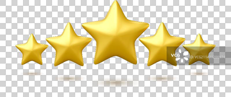 金色星星3D图标渲染：五个黄色星星图片素材
