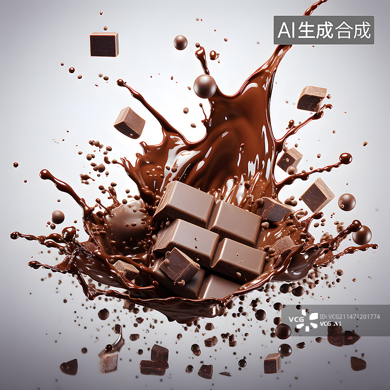 【AI数字艺术】巧克力融化飞溅孤立在白色背景图片素材