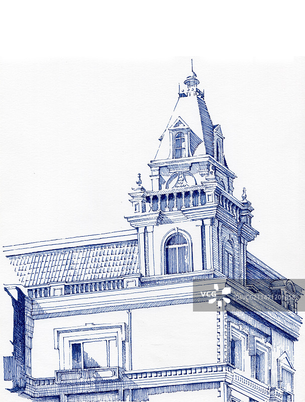 哈尔滨建筑街景，钢笔画图片素材