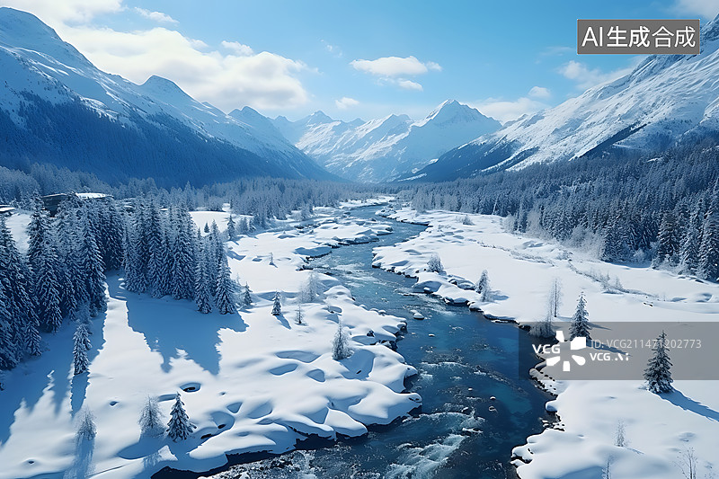 【AI数字艺术】雪山雪原森林河水阳光冬季寒冷图片素材