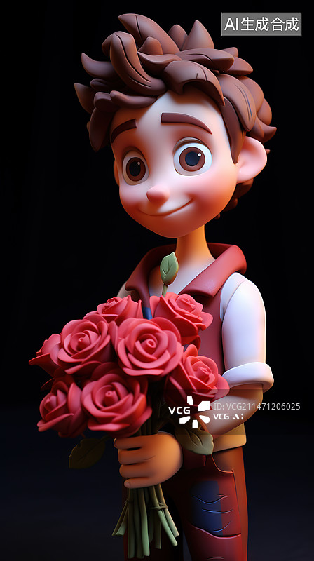 【AI数字艺术】拿着鲜花的小男孩粘土插画图片素材