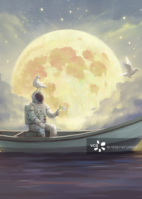 月光下漂流的宇航员图片素材