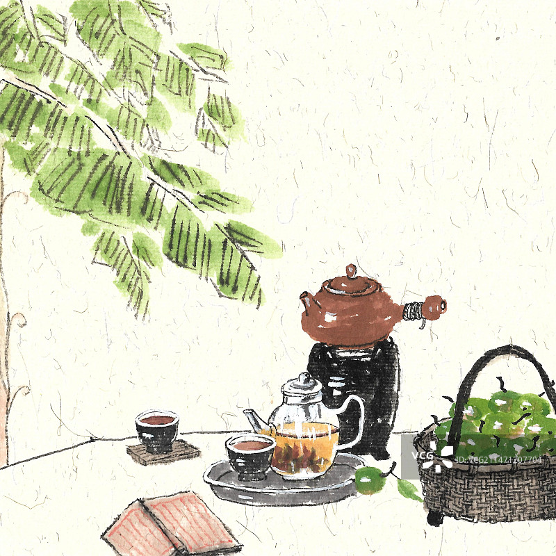 手绘二十四节气围炉煮茶插画小满图片素材