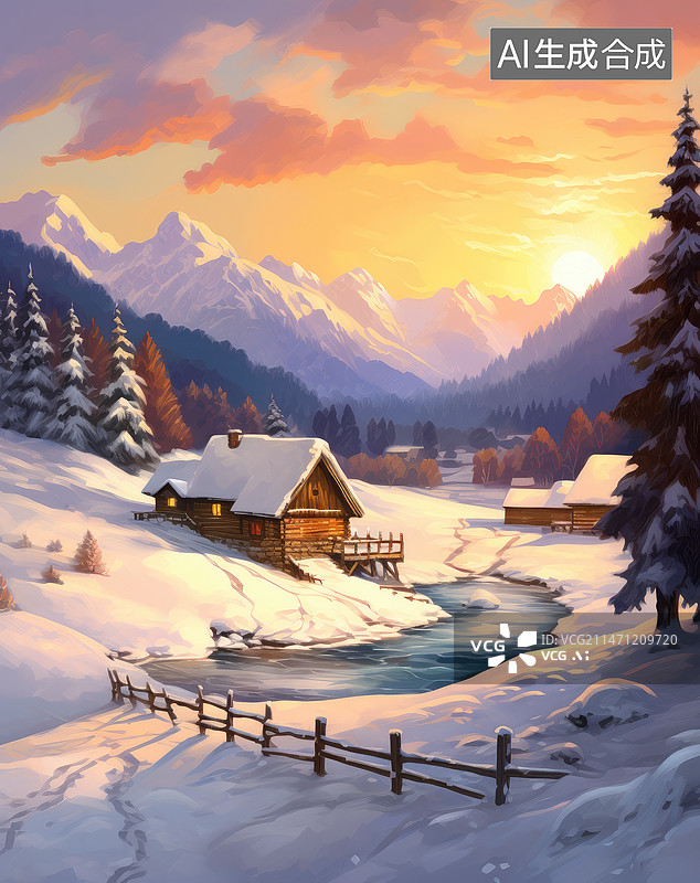 【AI数字艺术】冬季山谷和雪山图片素材