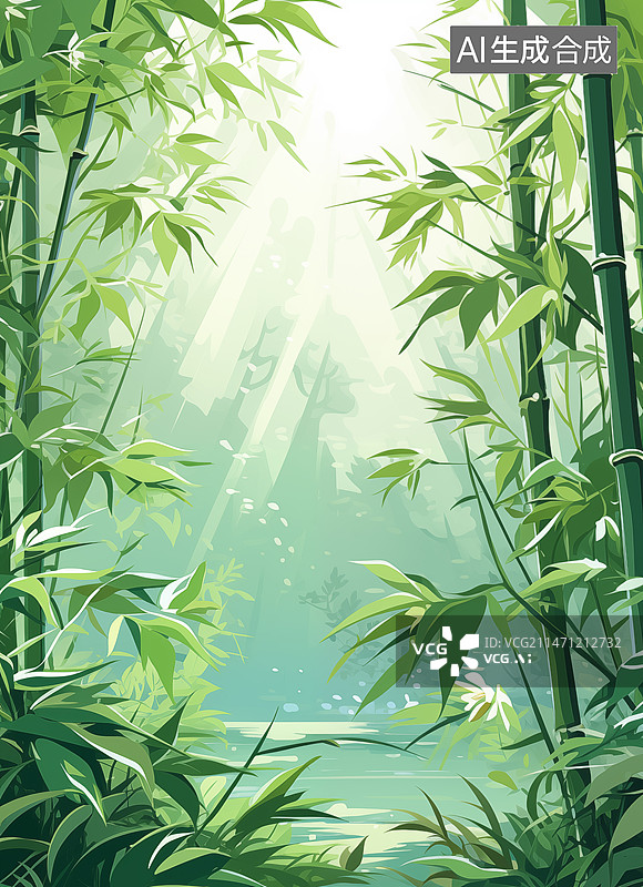 【AI数字艺术】简约插画宁静的竹林有光线透过背景素材图片素材