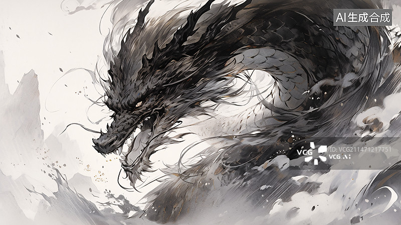 【AI数字艺术】水墨风中国龙形象海报，春节传统节日龙年生肖概念插图图片素材