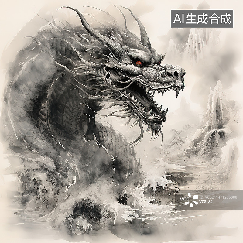 【AI数字艺术】中国风的水墨画的龙图片素材