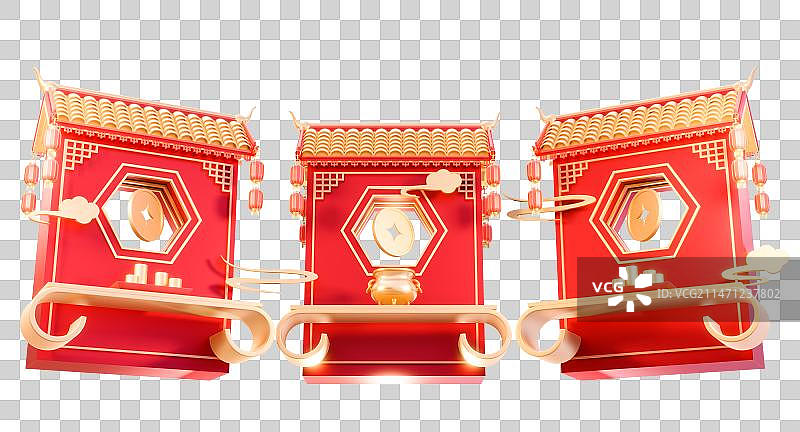 3d中式年货节春节集市摊喜庆场景元素插画图片素材