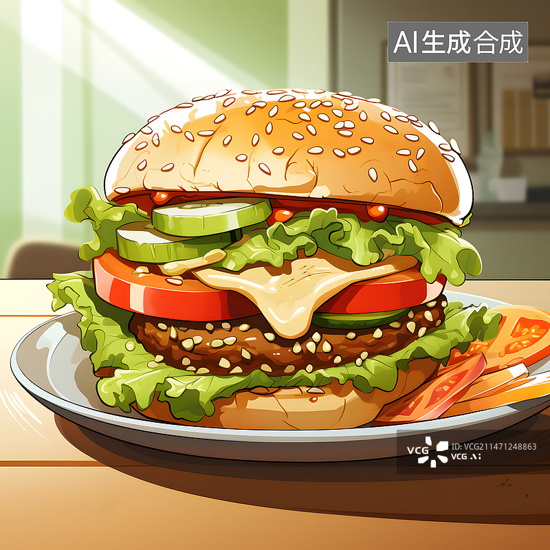 【AI数字艺术】AIGC:美味的大汉堡 插画 背景图片素材
