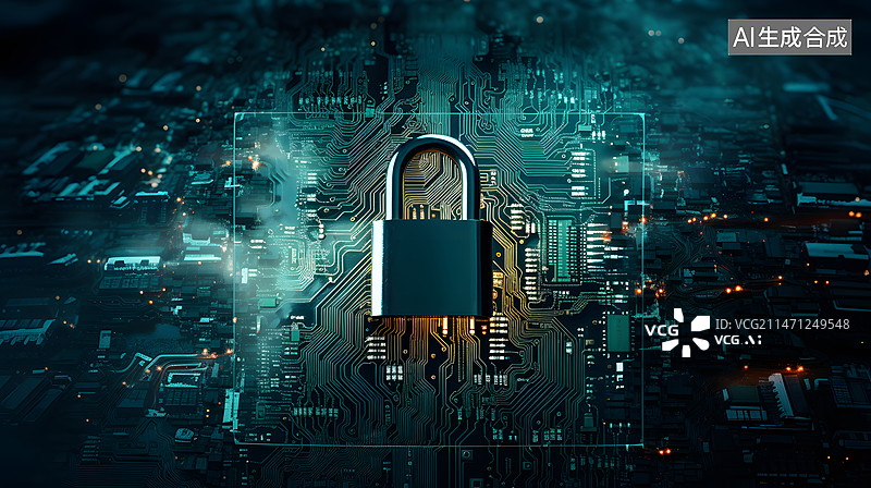 【AI数字艺术】未来电路板上的数字数据安全挂锁图片素材