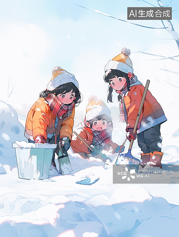 【AI数字艺术】冬天大寒下雪女孩在雪地扫雪图片素材