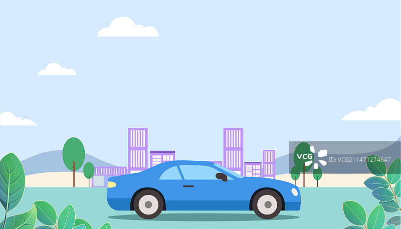 绿色出行扁平风绿色环保汽车新能源户外风景清新插画图片素材