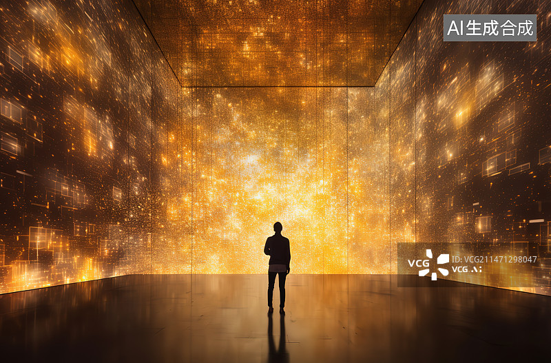 【AI数字艺术】夜晚站在灯光下的人的剪影图片素材