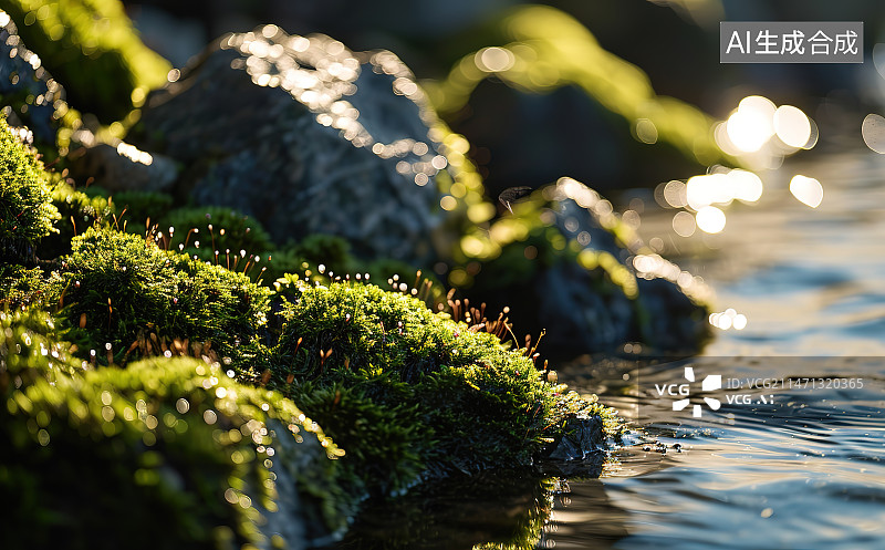 【AI数字艺术】岩石上生长的苔藓的特写镜头图片素材
