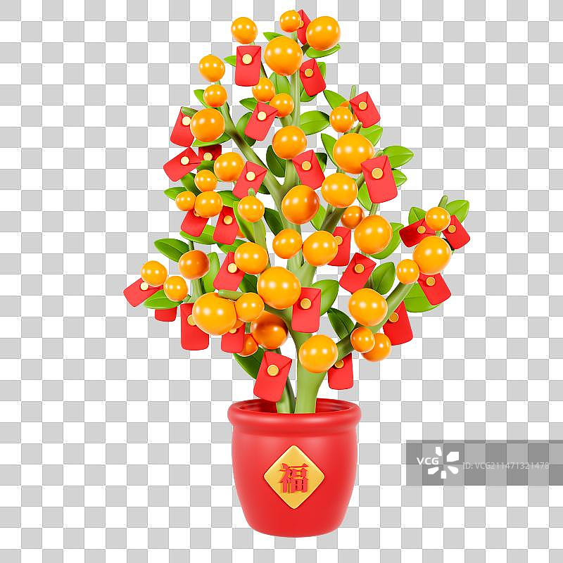 3D渲染的金桔盆栽春节盆栽红包挂件喜庆春节元素图片素材