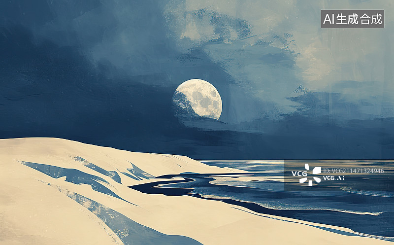【AI数字艺术】雪山下的月亮图片素材