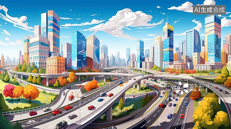 【AI数字艺术】无人现代都市城市俯视全景高楼立交桥绿化海报背景插画图片素材