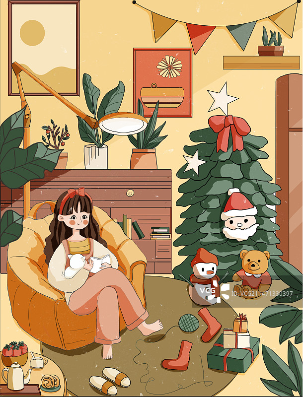温馨的室内女孩插画圣诞节插图图片素材