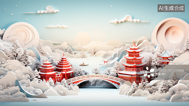 【AI数字艺术】大雪中的古建筑图片素材