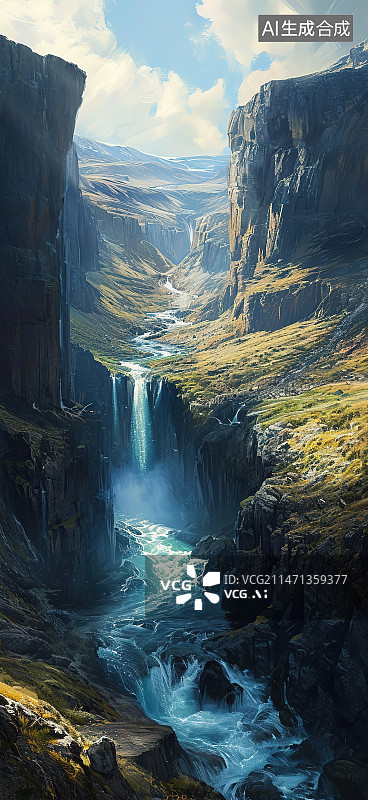 【AI数字艺术】峡谷中的瀑布图片素材